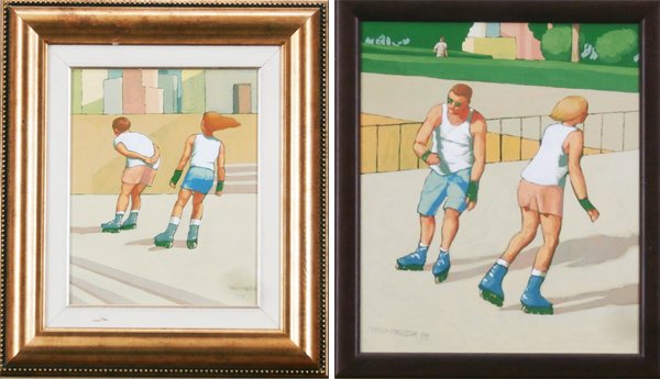 Marco Manzella (b. 1962) Italian (two): ROLLER BLADES I; ROLLER BLADES II, 1999, two oil paintings on panel, each signed and dated, 11 ½ x 9 ½”, both framed, both in good studio condition. (2) Provenance: Bellini Fine Art Gallery, La Jo