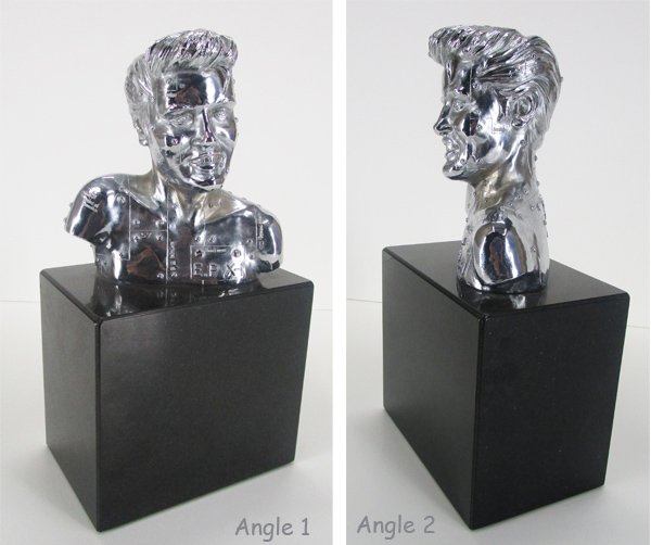 Ralph Massey (b. 1938) Californian: E. P. X-1, unique chromed bronze Elvis sculpture, signed and inscribed 1/10 (this is the only one cast), 17 x 9 x 6” including black Belgium marble base, in very good studio condition.