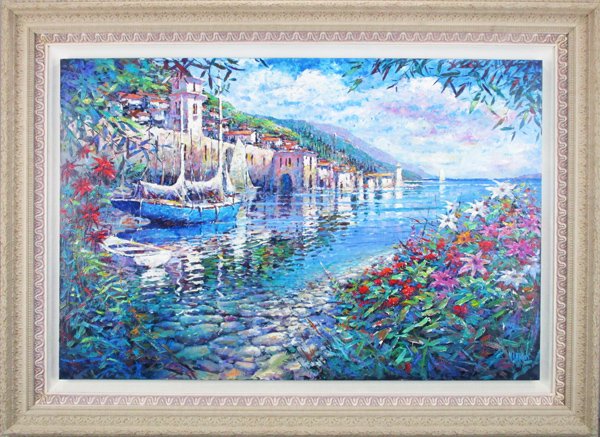 Marko Mavrovic (b. 1960) Croatian American: MEDITERRANEAN COAST, oil painting on canvas, signed lower right, signed in verso, 40 x 60”, massively framed, in good studio condition.