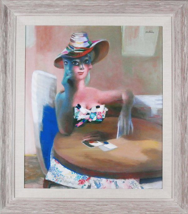 Jose Montanes (1919-1998) Spanish: THE GAME, oil painting on canvas with collage, signed upper right, 40 x 34”, in very good studio condition. Provenance: certificate from artist’s estate.