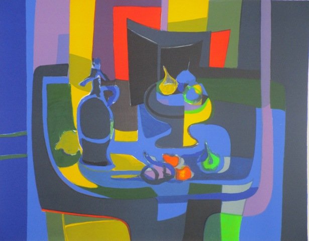 Marcel Mouly (1918-2008) French: BLUE STILL LIFE, color lithograph, signed in pencil, from the numbered edition 175, image 21 ¼ x 27”, full margins, in good condition.