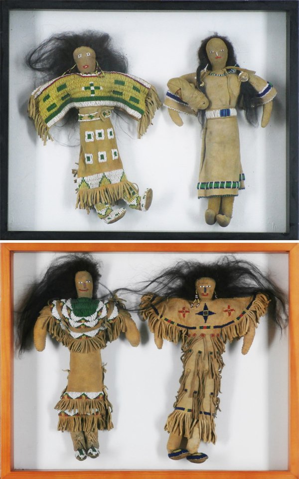 Native American Beaded Dolls (four): Four figures each with long hair and beaded tan hide traditional outfits, each 13” tall, in two shadow boxes, some age otherwise in apparently good condition.