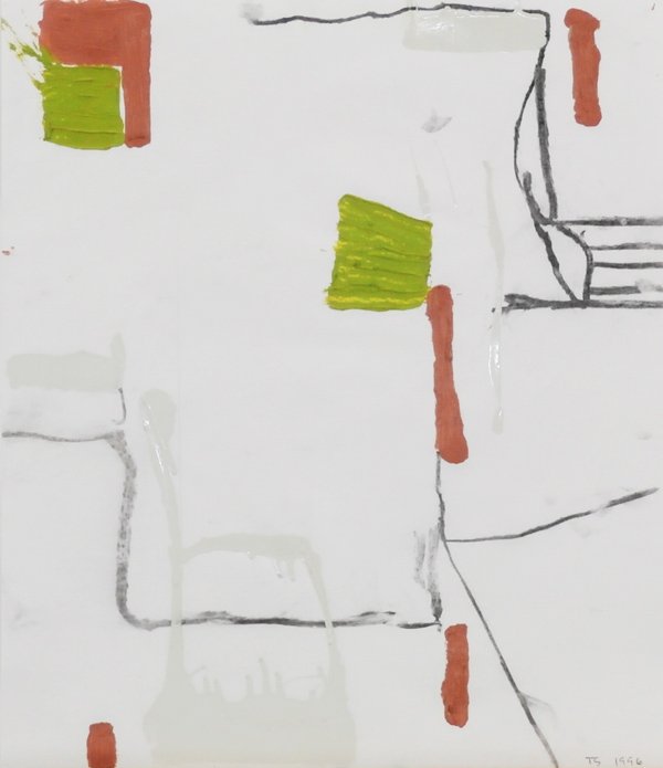 Tom Savage (b. 1953) American: UNTITLED GREEN WHITE BROWN, 1996, watercolor, acrylic and graphite on duralene paper, initialed and dated lower right, 22 x 19”, in good studio condition.