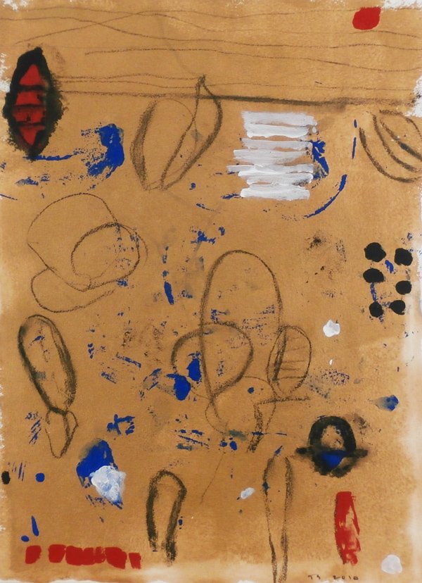 Tom Savage (b. 1953) American: UNTITLED GOLD WHITE BLUE, 2010, oil, acrylic and graphite on paper, initialed and dated lower right, 30 x 22”, in good studio condition.