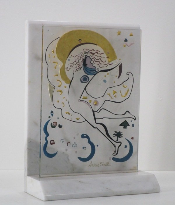 Andrea Smith (b. 1965) American: DANCING WOMAN, acrylic painting on glass, with artist’s designed marble stand, signed lower center, overall 16 x 12 x 5”, in good studio condition.
