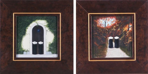 Frank Whipple (1888-) American (two): NUNS WITH BLUE BALLOON; NUNS WALKING ON PATH, two oil paintings on Masonite, one signed lower right, one signed lower left, each 5 x 5”, framed, both in apparently good studio condition. (2)