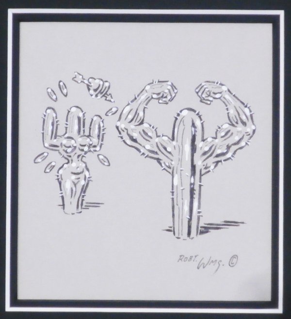 Robert Williams (b. 1943) American: CACTUS LOVE: A MAN AND A WOMAN, ink & white highlight, signed lower right, sight 4 ½ x 4”, artist’s label on verso, framed, in good studio condition.