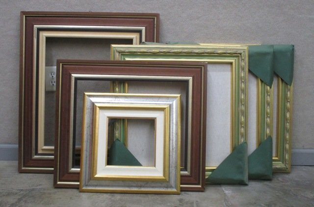 Assorted Frames (six): Six wood picture frames, fits 20 x 16”, 18 ¾ x 14 ½”, three at 18 x 18”, and 8 x 8”, sizes may be adjustable depending on liners, a few scuffs from storage, otherwise in good condition. (6)