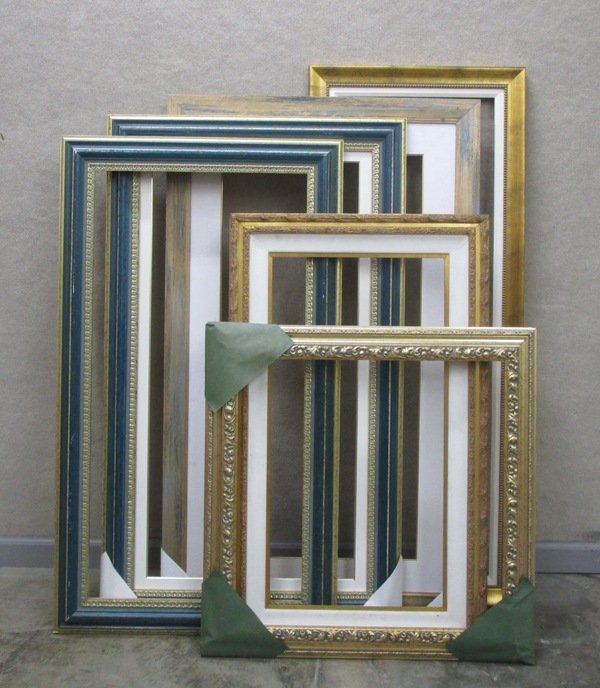 Assorted Frames (six): Six wood picture frames, fits 47 ¼ x 15 7/8”, three at 39 ½ x19 7/8”, 31 ½ x 15 7/8”, 23 ¾ x 23 ¾”, sizes may be adjustable depending on liners, a few scuffs from storage, otherwise in go