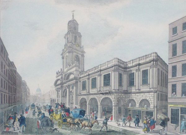 Francesco Bartolozzi R.A. (1727-1815) Italian: ACCURATE PERSPECTIVE VIEW OF THE OUTFIDE OF THE ROYAL EXCHANGE LONDON, 1788, engraving with hand-coloring, plate 18 ½ x 22 7/8”, published by J. Chapman, date unknown, framed with glass, some sun t