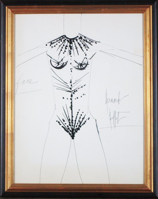 Bernard Buffet (1928-1999) French: FACE, ink drawing on paper, signed in pencil center right, sheet 25 ½ x 19 ½”, framed with glass, some pale discoloration, small tideline stain lower center, otherwise in good studio condition.