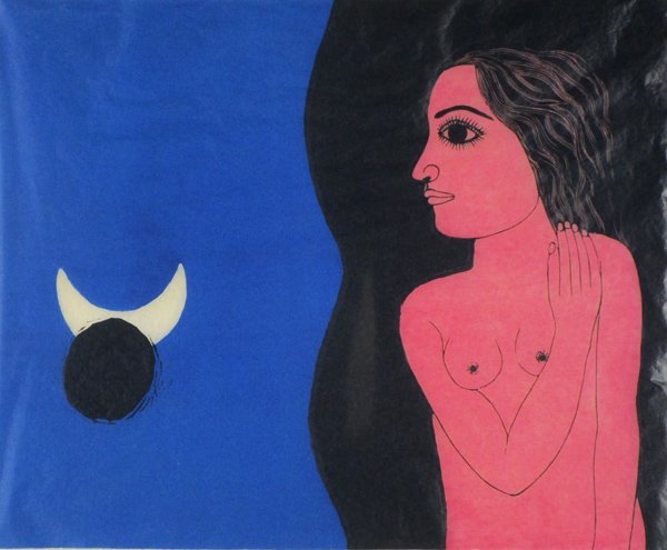 Alister Santos Chavez (1934-2001) Chilean: PINK WOMAN & MOON, 1968, color xilographia, signed in pencil, from the numbered edition 60, image 24 x 19 ½”, full margins, staining in margins under mat, otherwise in good condition.