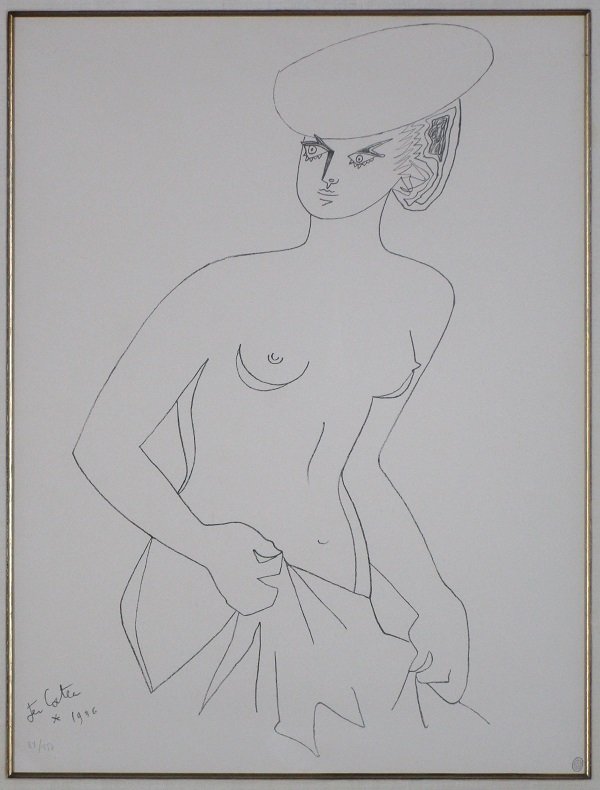 Jean Cocteau (1889-1963) French: WOMAN WITH HAT, 1956, lithograph on Arches script watermarked paper, signed and dated on the stone, from the numbered edition 150, sight 25 x 19”, Cocteau oval stamp lower right, framed with glass, 