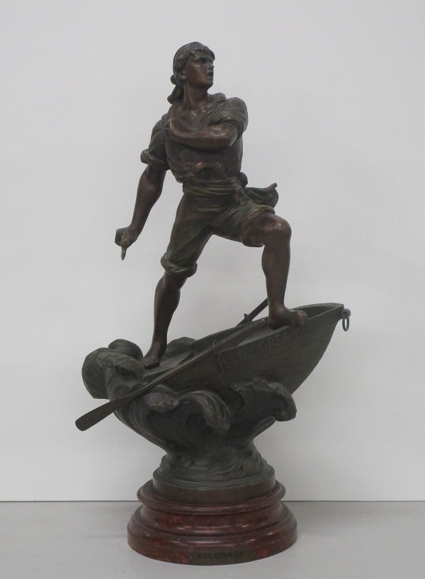 Decorative Arts: Sculpture: ABORDAGE, cast spelter sculpture after L. Raphael, 23” tall with wood base, with surface oxidation and wear, oars slightly bowed, otherwise in good condition.