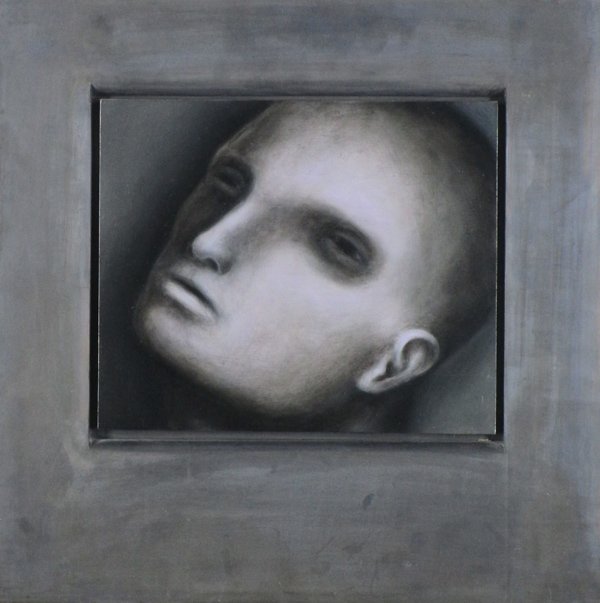 Brad Durham (b. 1952) Californian: MEMORY, 1987, oil on wood panel, 18 ½ x 18 ½ x 2” including artist’s design lead covered frame, signed and dated on verso. Provenance: Karl Bornstein Gallery.