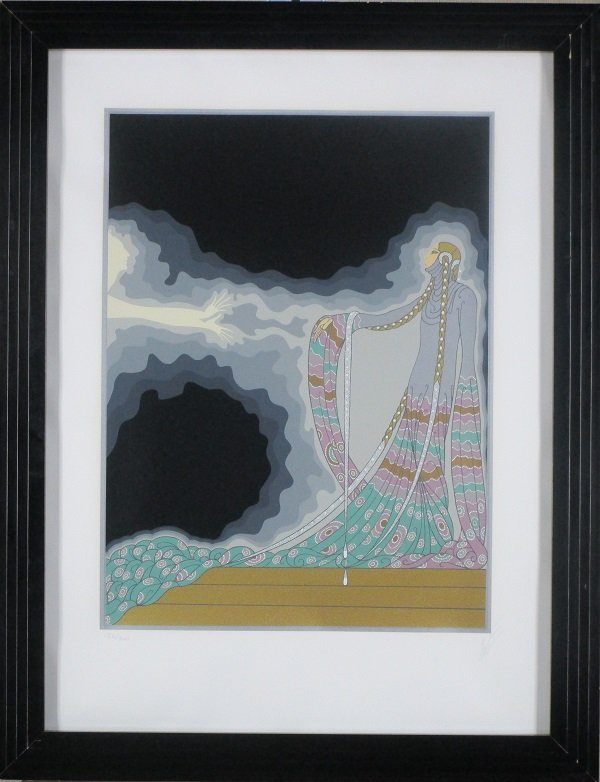 Erte (1892-1990) French: UNTITLED, color screenprint, signed in pencil, from the numbered edition 300, image 23 ½ x 17”, “S” blindstamp lower left, full margins, framed with glass, printer’s crease left margin, natur