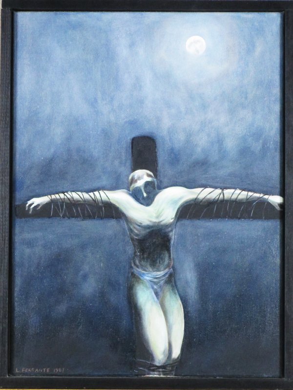 Lisa Ferrante (20th/ 21st Century) American: CRUCIFIXION WITH MOON, 1987, oil painting on canvas, signed and dated lower left, 24 x 18”, in artist’s hand-painted frame, in good studio condition. Provenance: Art Space.