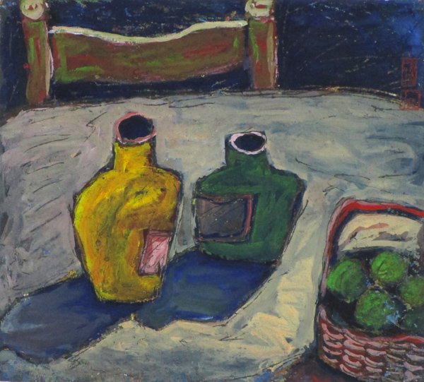 Norman Kao (20th/ 21st Century): TWO BOTTLES, 1987, gouache and pastel on paper, 12 ½ x 15”, artist’s character stamp upper left, framed, in apparently good studio condition. Provenance: Art Space, Los Angeles.