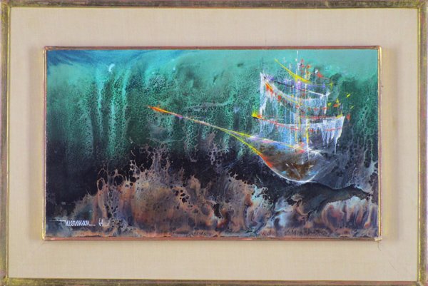 Leonardo Nierman (b. 1932) Mexican: COSMIC SHIP, 1964, oil painting on Masonite, signed and dated lower left, 9 ½ x 17”, in good studio condition, framed tarnished.