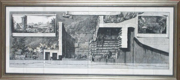 Giovanni Battista Piranesi (1720-1778) Italian (two): PROSPETTO ESTERNO DELL AVANZO DE PORTICI, TOM. IV from Antiquities De Roma, engraving, sheet 20 x 51”, framed with glass, toning, discoloration, creases, tideline staining, otherwise in apparently g