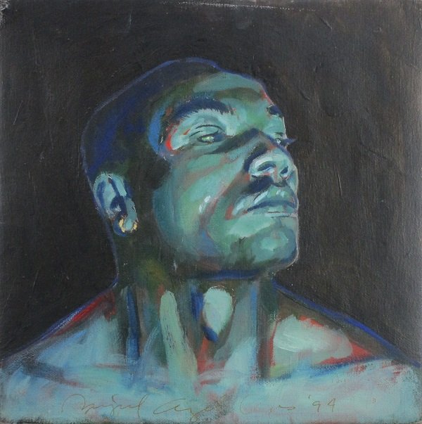 Miguel Angel Reyes (b. 1964) Mexican/ American: MEL HERST, 1994, oil painting on canvas wrapped over wood, signed and dated lower center, 11 ¼ x 11 ¼”, small impact tear upper left corner, otherwise in good studio condition. Provenance: LACMA S