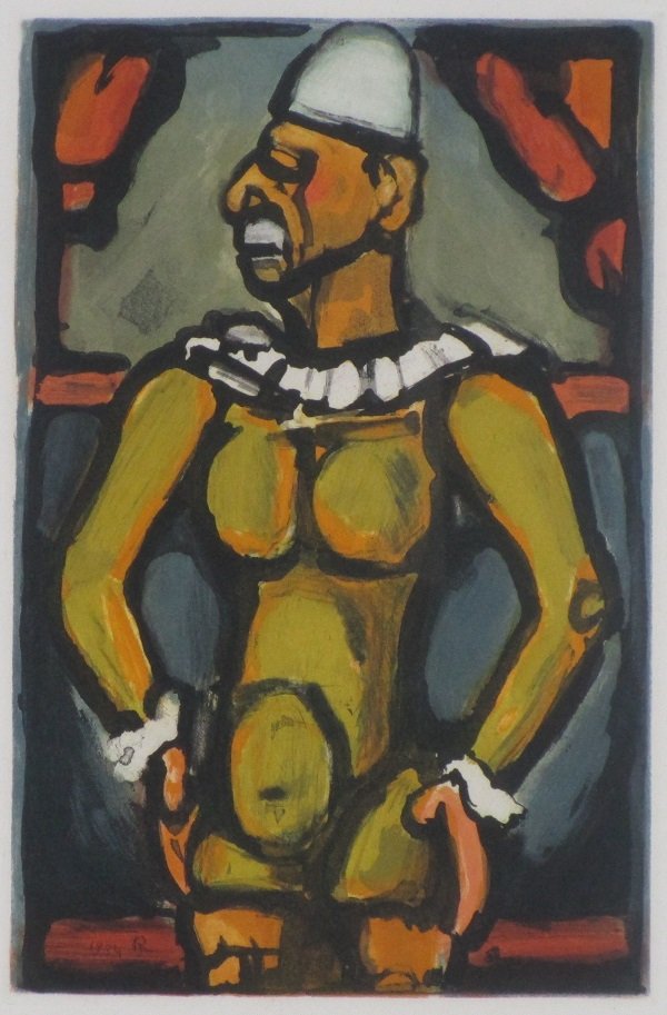 Georges Rouault (1871-1958) French: YELLOW CLOWN from Cirque de L’Etoile (CR.247), 1934, color aquatint etching, initialed lower left, image 12 x 8”, with large margins, framed with glass, in apparently good condition.