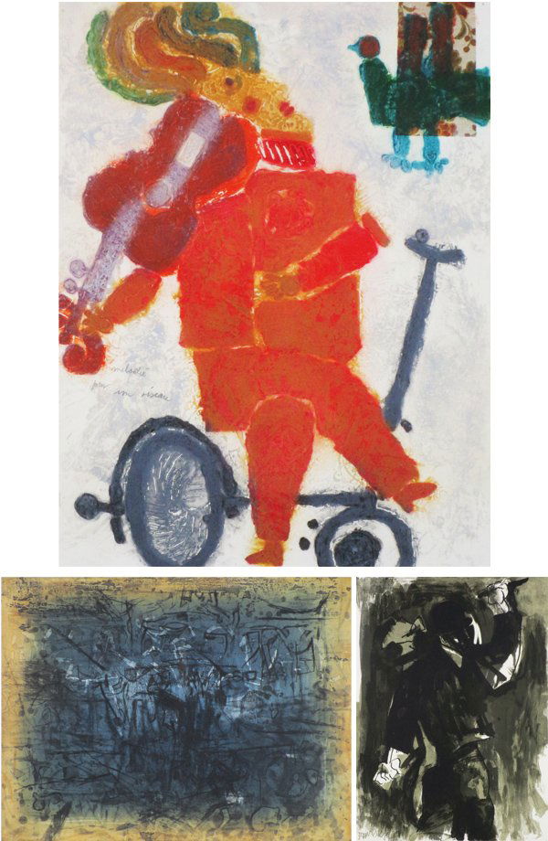 Theo Tobiasse (b. 1927), Abraham Rattner (1895-1978) &: Theo Tobiasse MELODIE POUR UN OISEAU, color carborundum gravure, signed in pencil, from the numbered edition 75, image 25 x 19 ¼”, full margins, discoloration spots recto and verso, mainly in margi