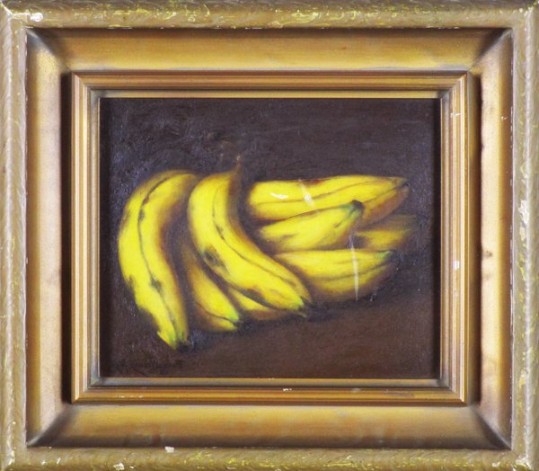 G. Leonard Woodruff (1880-1970) American: BANANAS, oil painting on panel, signed lower left, 9 ¼ x 11 ¼”, framed, surface soiling, a few abrasions, one small gouge upper center subject, otherwise in good studio condition.
