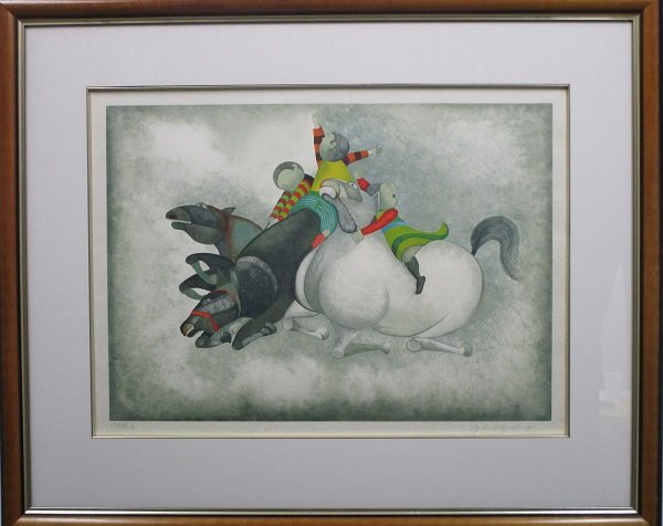 Graciela Rodo Boulanger (b. 1937) Bolivian: TROIS CHEVAUX, color lithograph on Japanese paper, signed in pencil, from the Roman numeral edition 100, image 19 ½ x 27 ½”, full margins framed with glass, one of the boys with nick on his cheek,