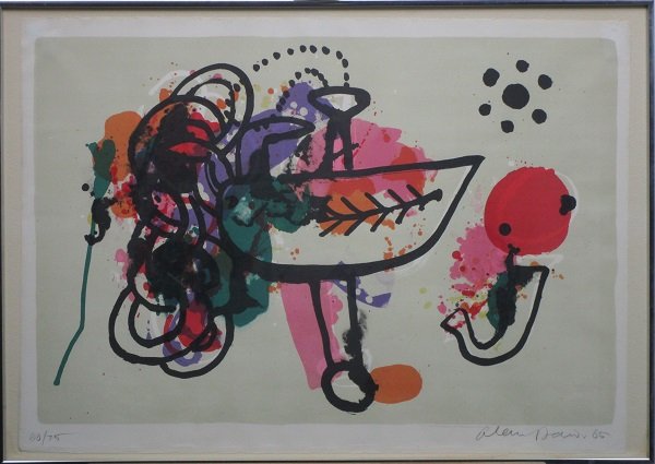 Alan Davie (1920-2014) Scottish: CELTIC DREAMBOAT I, 1965, color lithograph, signed in pencil, from the numbered edition 75, image 20 x 30”, full margins, framed with glass, small circular stain lower right, minor discoloration, pa