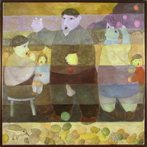 Andrei Karpov (b. 1959) Russian: PEOPLE IN THE GARDEN (Harvest), oil painting on canvas, signed dated and titled on verso, 40 x 40”, framed, in good studio condition. Provenance: Davidson Gallery, Seattle.