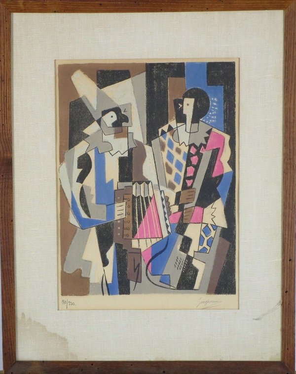 Gino Severini (1883-1966) Italian: ARLEQUINS, color lithograph, signed in pencil, from the numbered edition 220, image 14 ¾ x 11 ¼”, full margins, framed with glass, moderate toning verso, framing annotations with moderate toning &