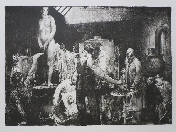 George Bellows (1882-1925) American: THE LIFE CLASS (second stone) (M & A.160; M.43), 1917, lithograph on Japan paper, inscribed Roman numeral X lower left, one of 20(?) proofs aside from the edition of 49, image 13 7/8 x 19 3/8”, shee