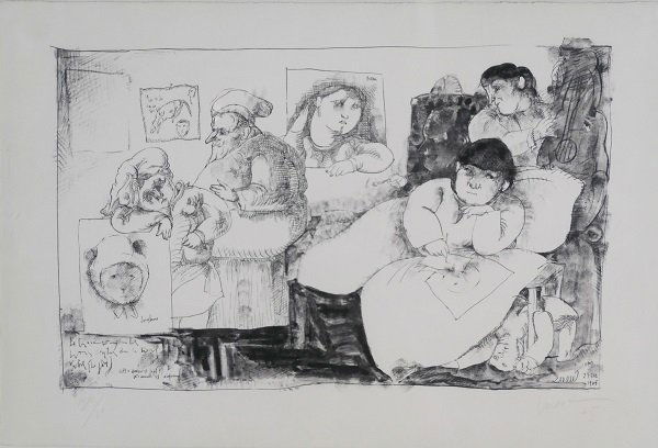 Jose Luis Cuevas (b. 1934) Mexican: INTERIOR WITH ARTIST, 1965, lithograph, signed in pencil, from the numbered edition 20, sheet 15 x 22 ¼”, printed by Tamarind, with their blindstamp lower left, framed, mild toning, mild discolorat