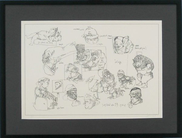 Jose Luis Cuevas (b. 1934) Mexican: ACTORS, WRITERS & ARTISTS, 1965, lithograph, signed in pencil, from the numbered edition 20, image 16 ¼ x 23 ¾”, Tamarind blindstamp lower left, full margins, framed, overall mild toning except wh