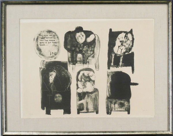 Jose Luis Cuevas (b. 1934) Mexican (six): THEY GAVE ME MY FIRST NOTION OF HOW THE HUMAN BODY IS PUT TOGETHER, 1961, lithograph, signed in pencil, from the numbered edition 100, sheet 16 x 22”, framed with glass, mild toning, otherwise good