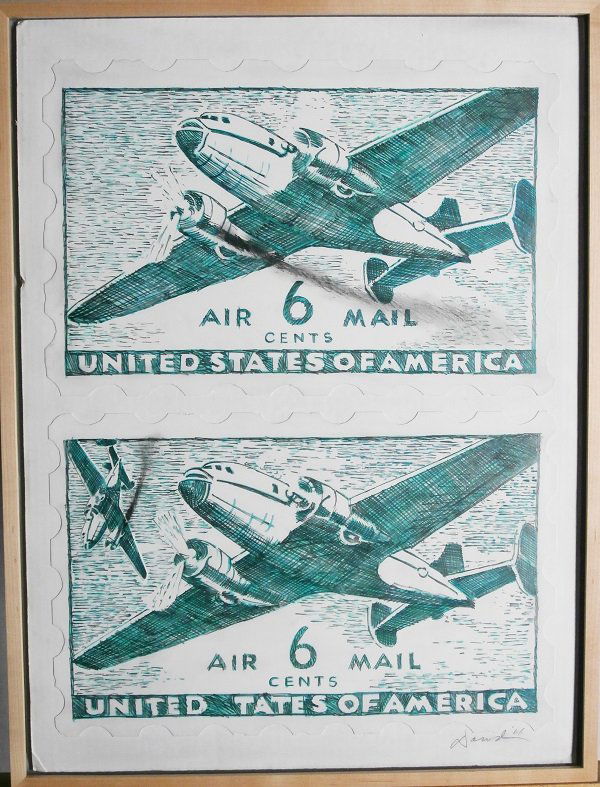 Robert Dowd (1936-1995) American: AIR 6 CENTS MAIL, 1966, color pencil and graphite drawing on acrylic painted paper collaged onto cardboard, signed and dated lower right, image 25 x 18 ½”, full margins, framed, in good studio cond