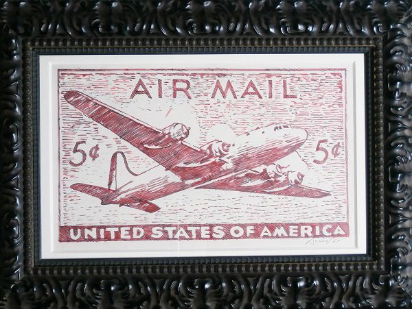 Robert Dowd (1936-1995) American: AIR MAIL 5 CENTS, 1967, watercolor and graphite drawing on acrylic painted paper, signed and dated lower right, image 9 ¼ x 15 ½”, full margins, framed with glass, in good studio condition.