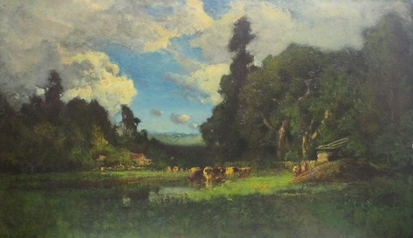 William Keith (1838-1911) Scottish/ American: LANDSCAPE, oil painting on canvas, signed lower left, 36 x 60”, framed, edge wear, some perimeter chips, crack with some edge loss lower right edge, some professional restoration including re-lining