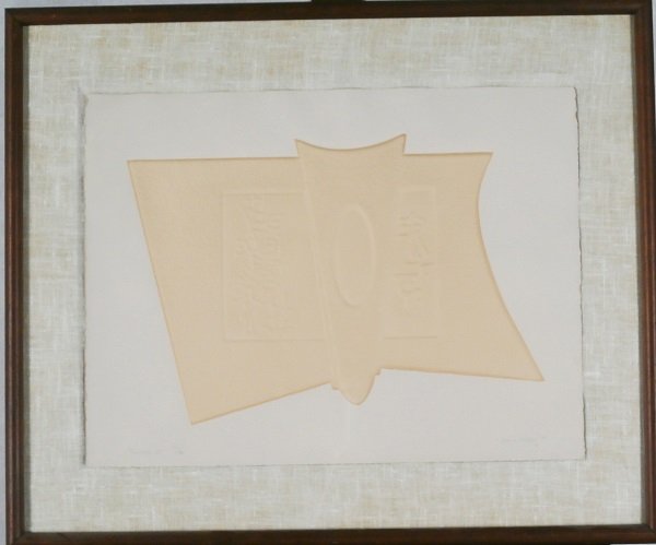 Boris Margo (1902-1995) Ukrainian: MESSAGE III, 1970, color intaglio, signed in pencil, from the numbered edition 120, sheet 17 x 22 ¼”, framed with glass, mild toning and speckling, otherwise in apparently good condition.