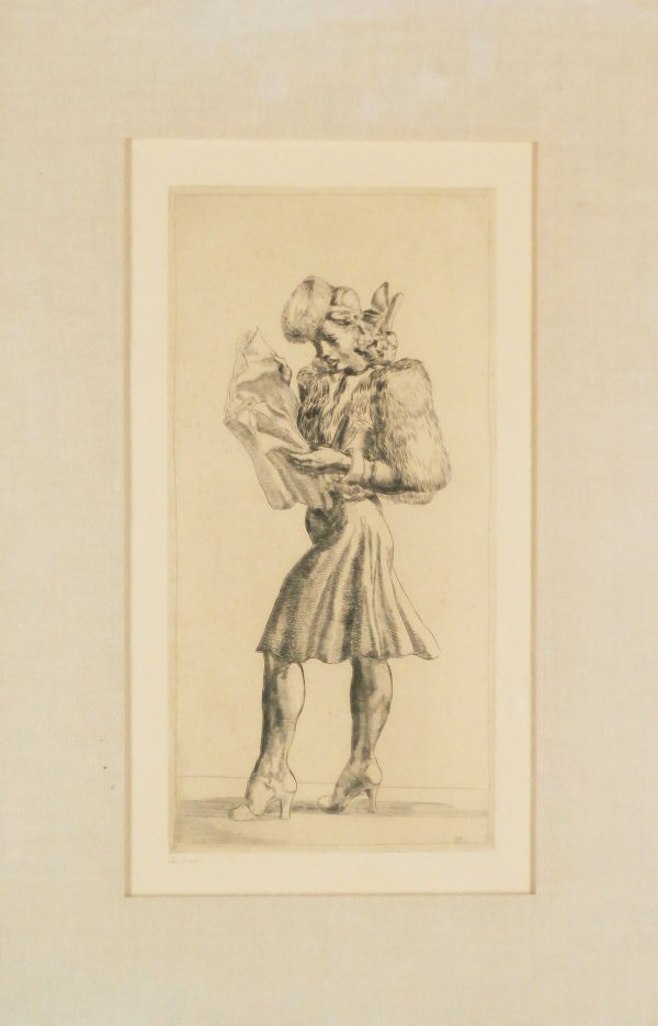 Reginald Marsh (1898-1954) American: GIRL IN FUR JACKET READING TABLOID, etching on cream wove paper, initialed in plate lower right, from the edition 100, image 11 ¾ x 5 ¾”, full margins, published by the Whitney Museum in 1969 with