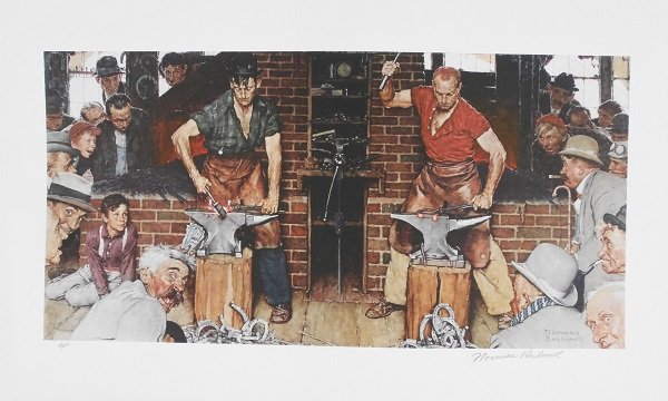 Norman Rockwell (1894-1978) American: THE HORSESHOE FORGING CONTEST, 1976, color collotype, signed in pencil, artist’s proof aside from the numbered edition, image 12 ½ x 25”, sheet 18 x 30”, published by Eleanor Ettinger with blin