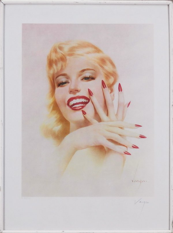 Alberto Vargas (1896-1982): MARILYN, color offset lithograph, signed in pencil by the artist or the estate, from the numbered edition 500, image 21 ½ x 16 ½”, blindstamp lower left corner, full margins, discard-able frame wi