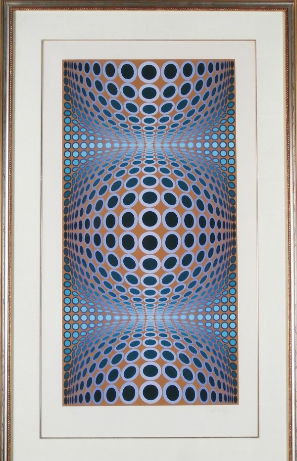 Victor Vasarely (1906-1997) Hungarian French: UNTITLED, color screenprint, signed in pencil, from the numbered edition 250, image 32 ¼ x 16 ¼”, full margins, framed with glass, mild toning and a few soft handling creases in the margins, other