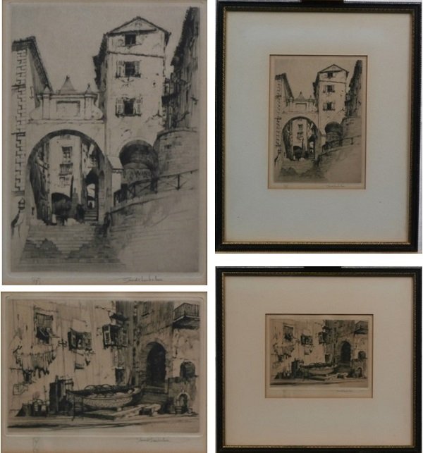 Samuel Chamberlain (1895-1976) American (two): TOWN SCENES, two etchings, each signed in pencil, from the numbered editions 75, images 6 ¾ x 5” & 4 ¼ x 6 ¼”, both with full margins and framed with glass, toning in margins, otherwise both in