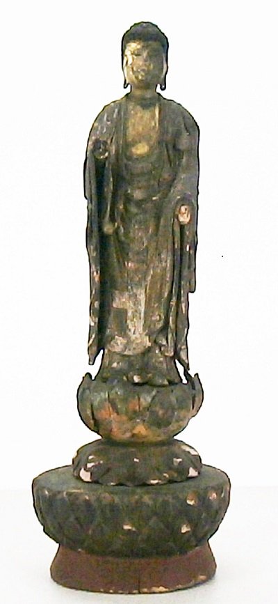 Standing Buddha Shrine or Altar piece: Carved wood with partial gilding, 15 ¼” tall, assembles from three attaching pieces, lacking hands and losses overall, otherwise in apparently generally good aged condition.