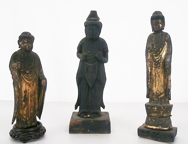 Standing Buddha Shrine or Altar pieces (three): Three carved wood figures, two with partial gilding, 6 ¼” to 8 ½” tall, all in aged used condition. (3)