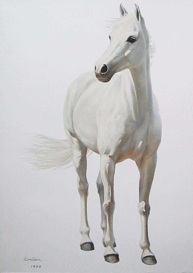 He Datian (b. 1949) Chinese: WHITE HORSE, 1990, oil painting on canvas, signed and dated lower left, 66 x 48”, minor fingerprints and smudges and some spotting on verso, otherwise in good studio condition. Datian began the “H