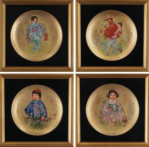 Edna Hibel (b. 1927) American (four): MICHIKO; YASUKO; SAKURA; MR. OBAKA, Set of four 10” Rosenthal Group plates with hand-painting in lustre gold, all hallmarked and numbered edition 2000 on verso, all framed with glass, all in like-ne