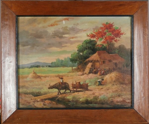 Oscar Navarro (1921-1973) Philippines & another (two): FARM SCENE, 1953, oil painting on canvas, signed and dated lower left, 16 x 20”, surface soiling, scrape upper center, a filled in area lower right, a few scattered scrapes; Together with Imade Budi